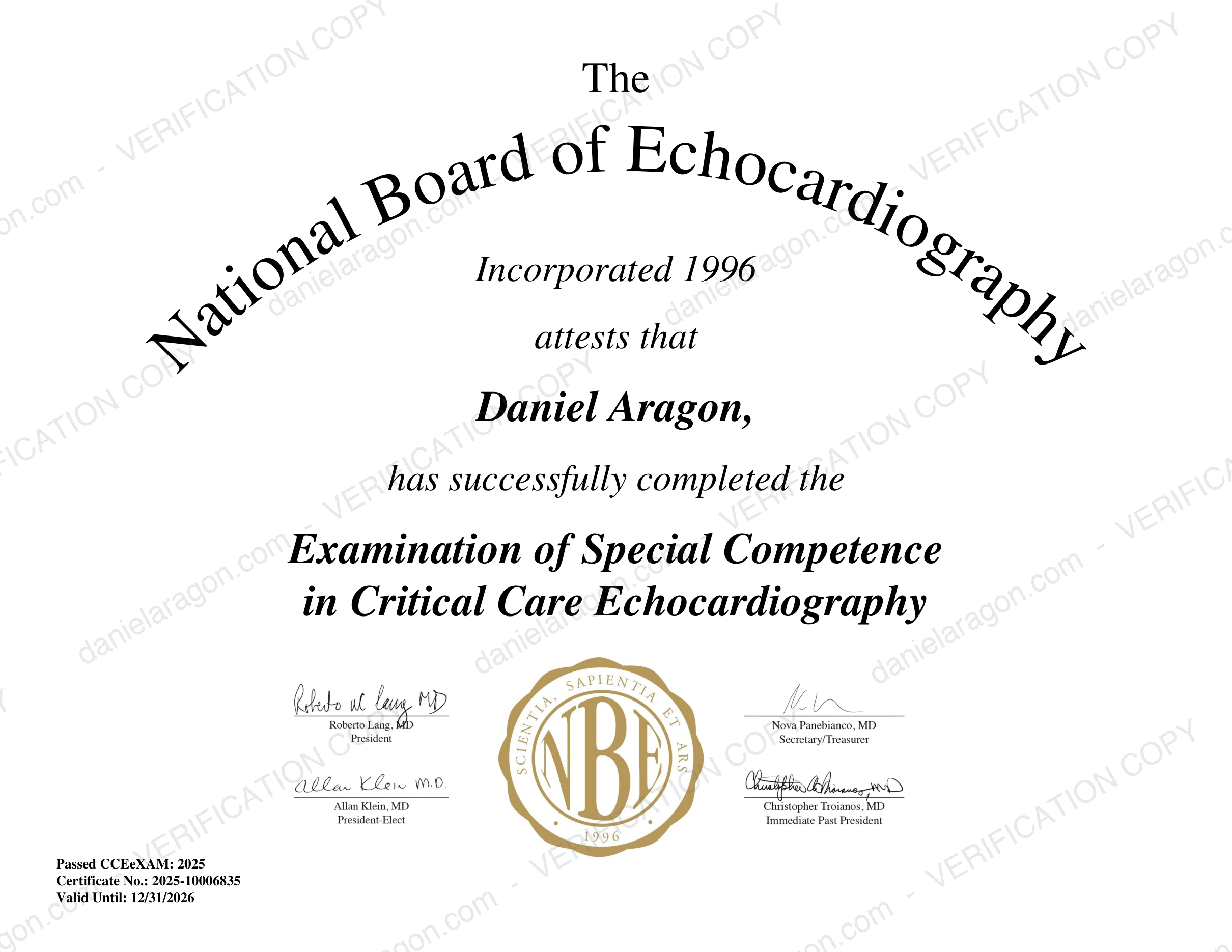 NBE CCEeXAM Testamur 2025 - Daniel Aragon