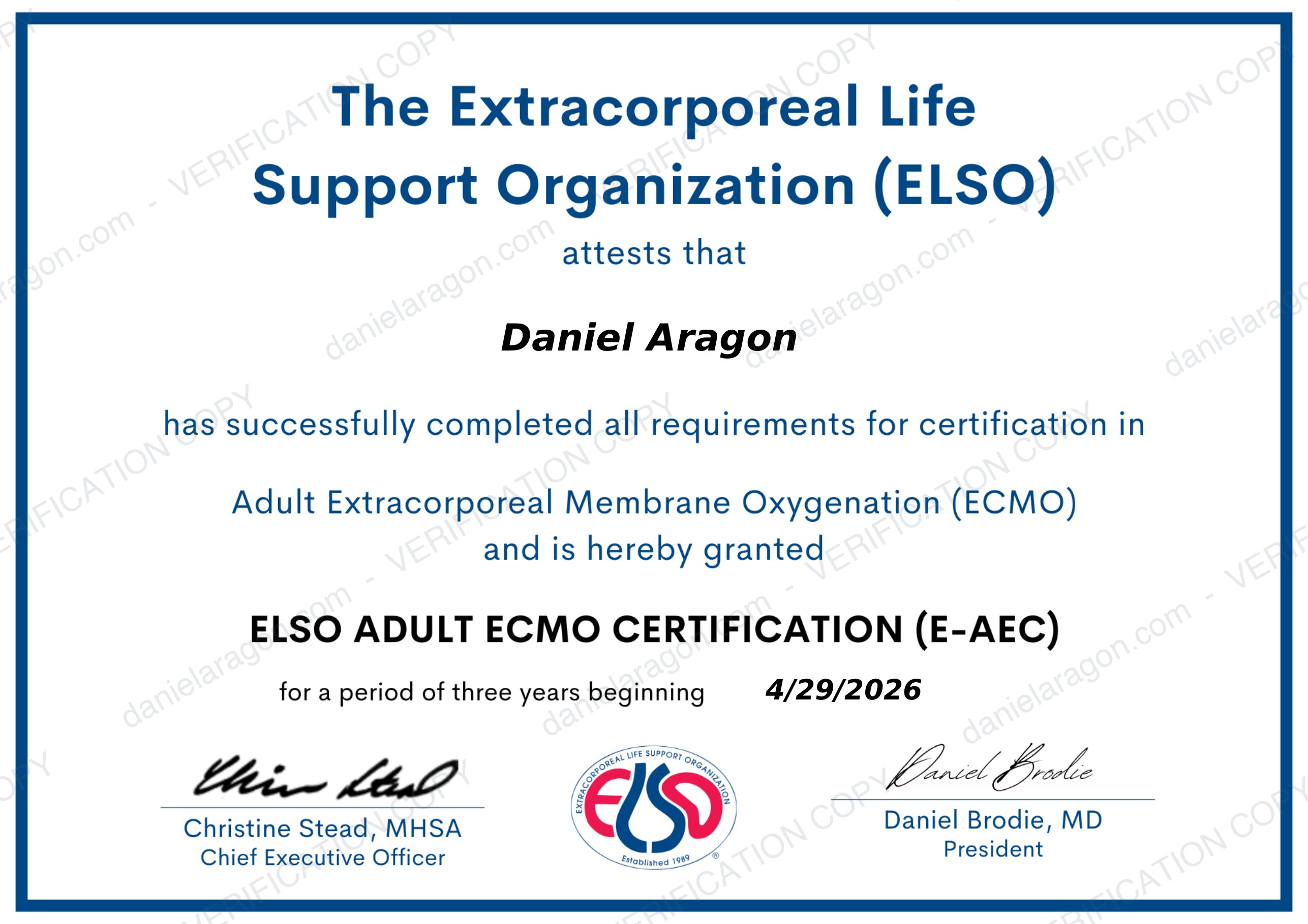 ELSO Adult ECMO Certification E-AEC 2026 - Daniel Aragon