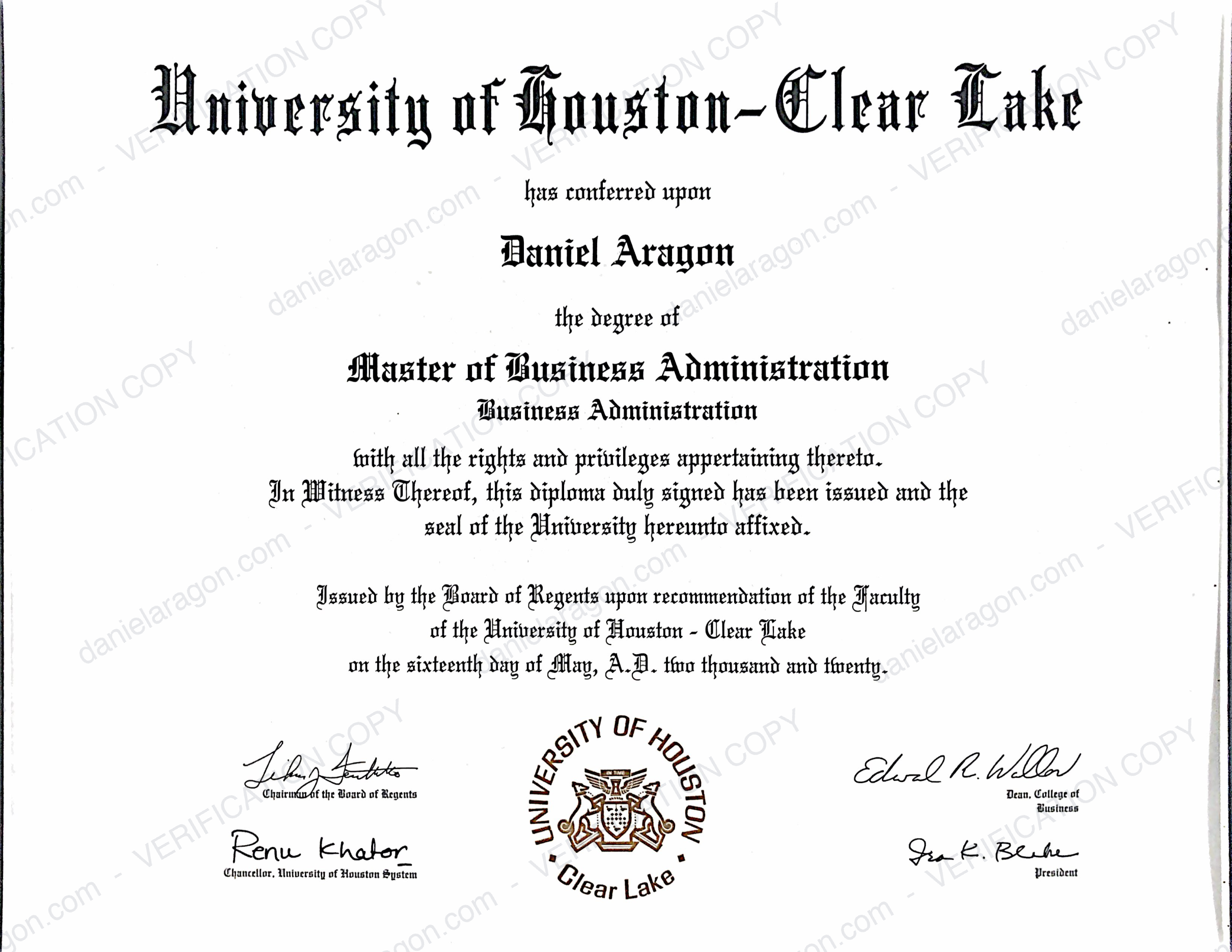UHCL MBA diploma 2020 - Daniel Aragon