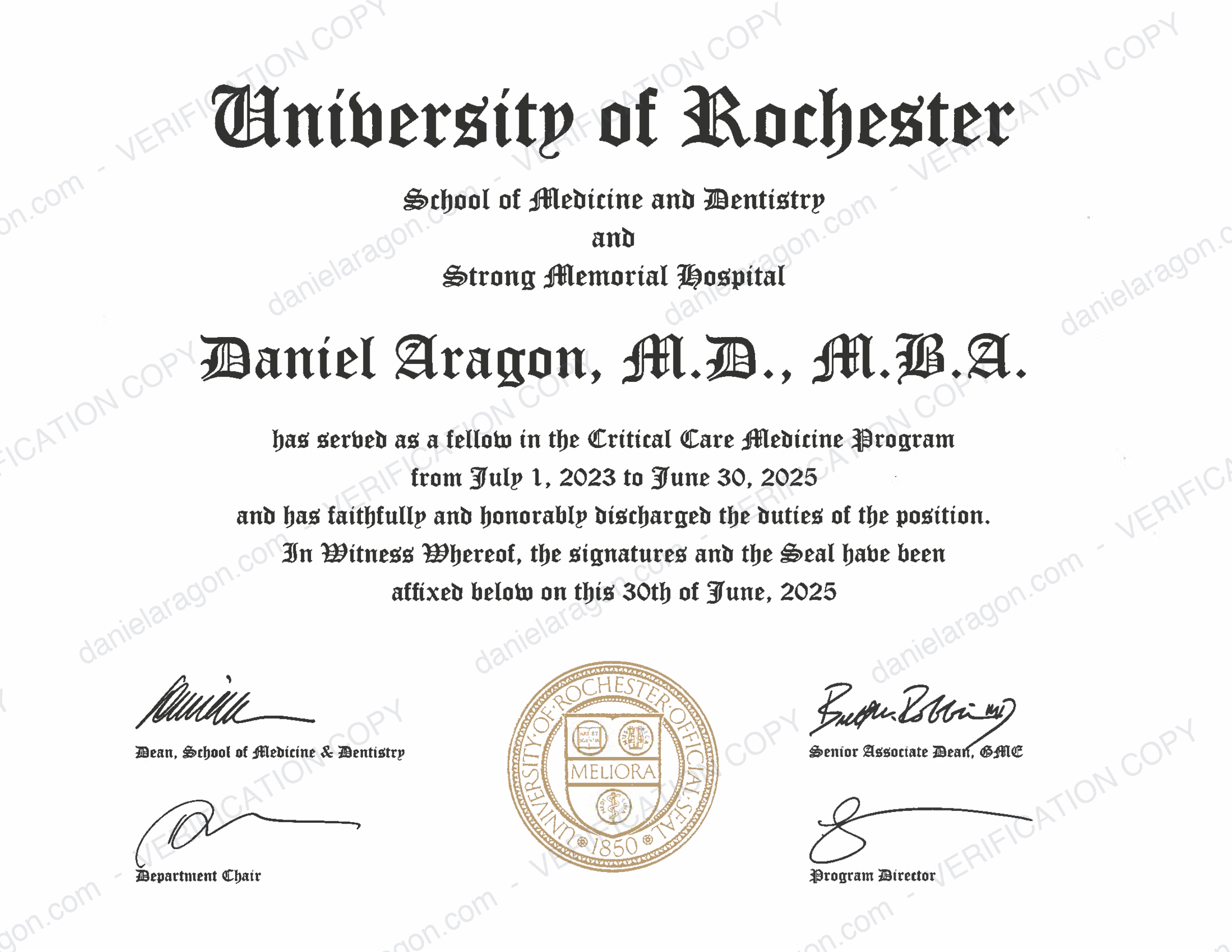 University of Rochester Critical Care Medicine Fellowship completion 2025 - Daniel Aragon
