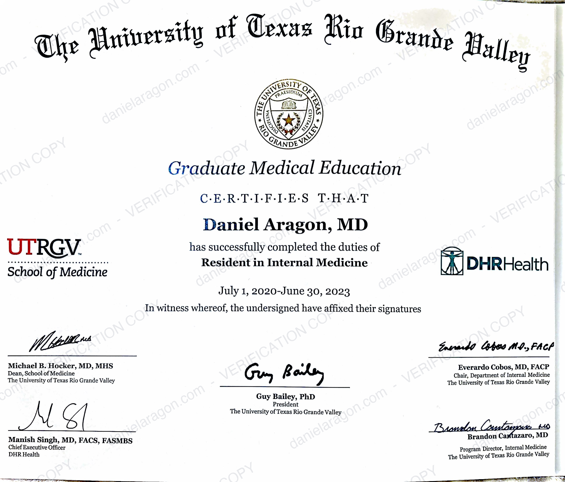 UTRGV Internal Medicine Residency completion 2023 - Daniel Aragon