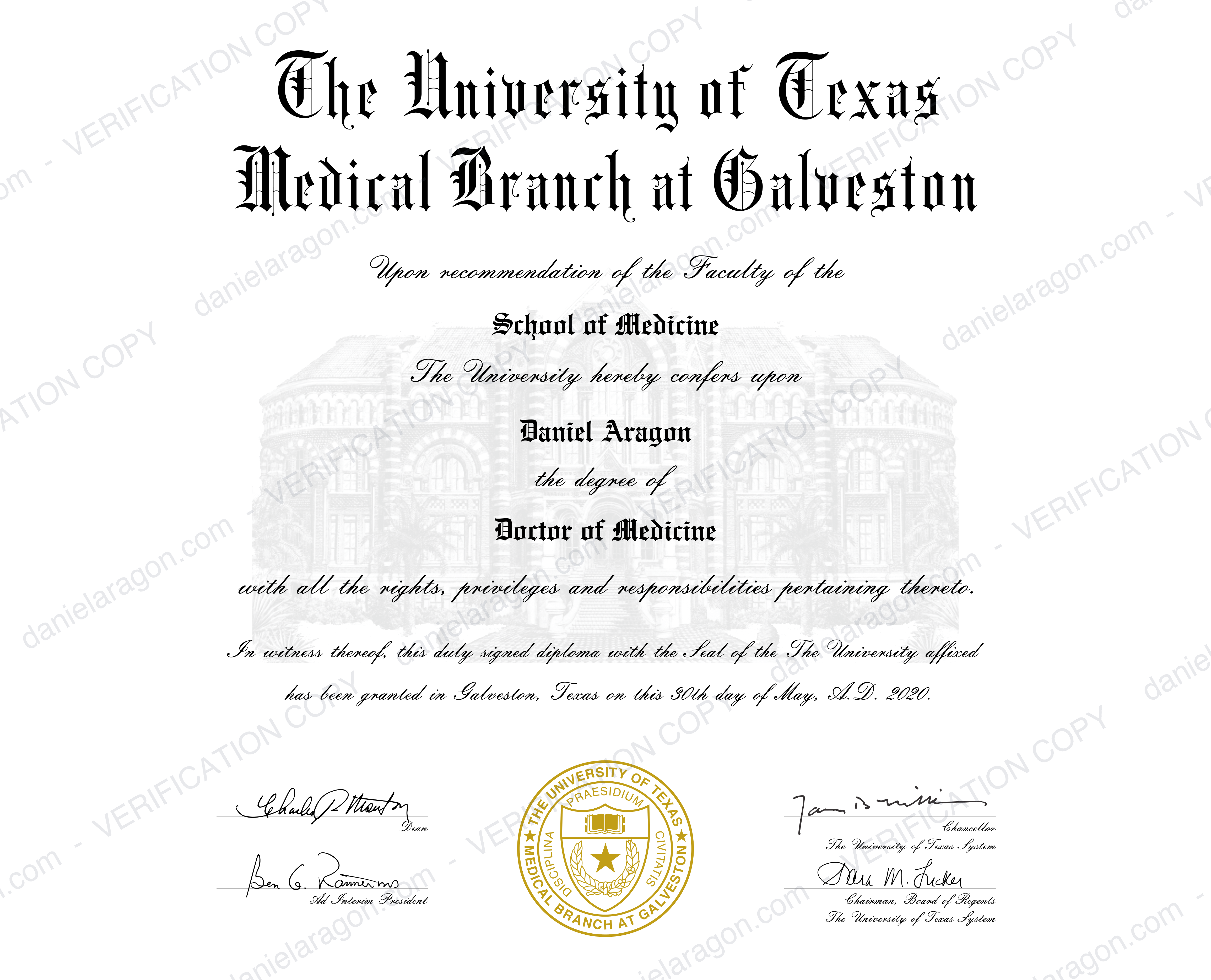 UTMB Doctor of Medicine diploma 2020 - Daniel Aragon