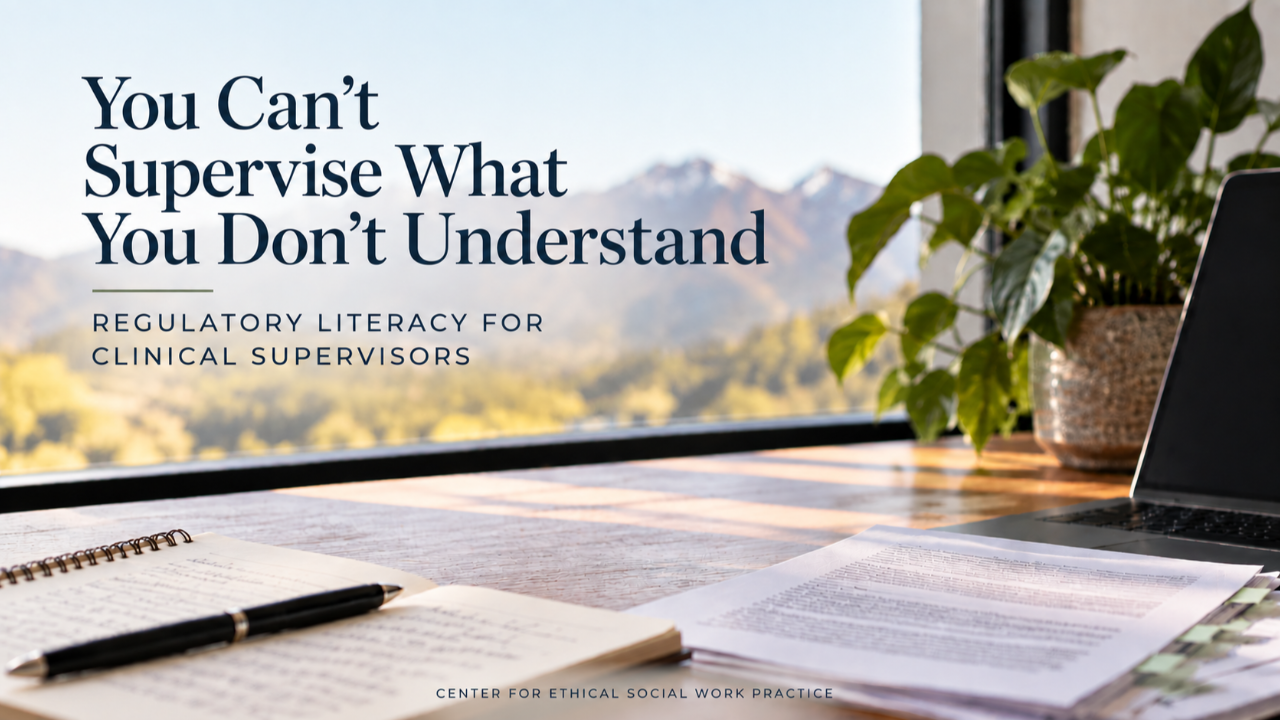 Sunlit professional workspace with a notebook, pen, laptop, papers, and green plant overlooking a mountain landscape. Text reads, “You Can’t Supervise What You Don’t Understand: Regulatory Literacy for Clinical Supervisors.”