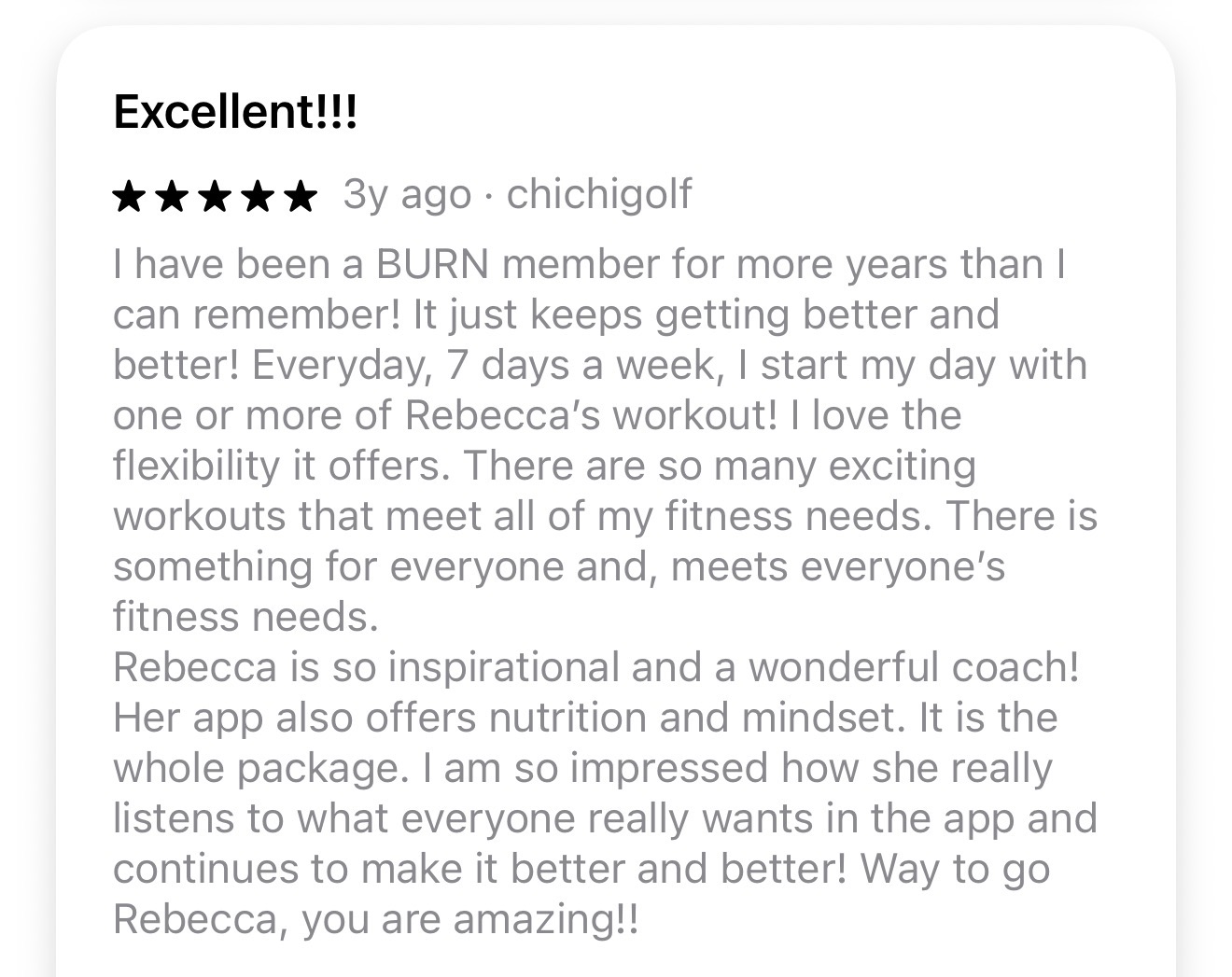 Excellent BURN App Store review — chichigolf