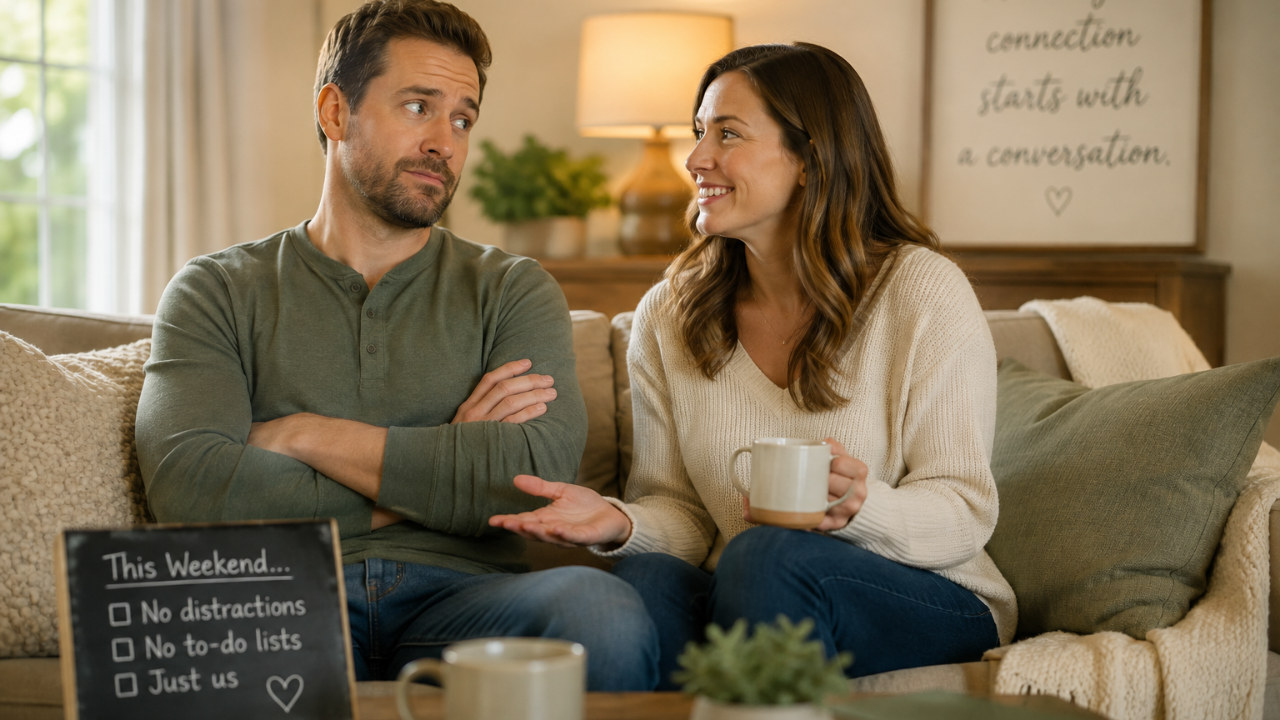 Hesitant partner talking with his spouse about attending a Hold Me Tight couples relationship workshop together.