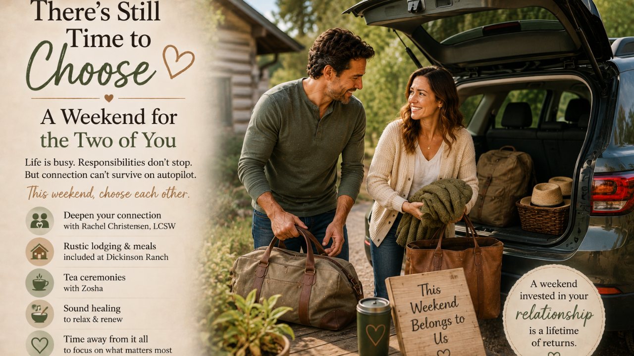Couple packing their car for a weekend away together for the Hold Me Tight® Couples Workshop at Dickinson Ranch in Utah.