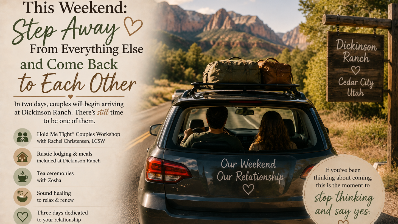 Couple traveling to Dickinson Ranch in Southern Utah for the September 4–6 Hold Me Tight® Couples Workshop weekend.