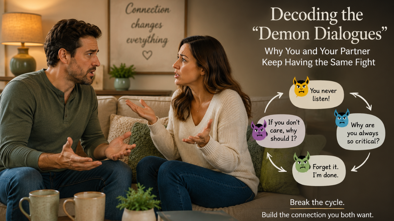 Couple caught in a recurring argument illustrating Demon Dialogues and negative relationship cycles addressed in a Hold Me Tight® Couples Workshop.