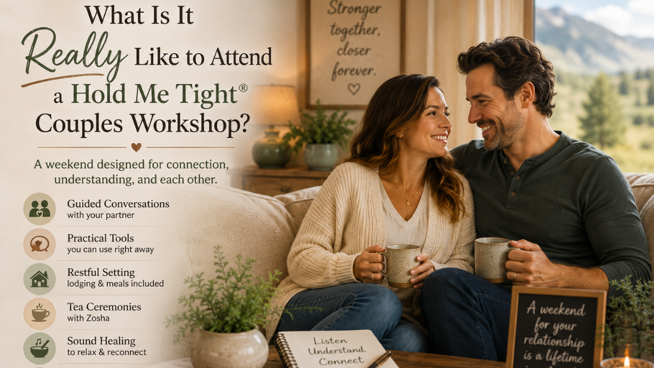 Couple relaxing together during a Hold Me Tight® Couples Workshop weekend focused on guided conversations, connection, and strengthening their relationship.