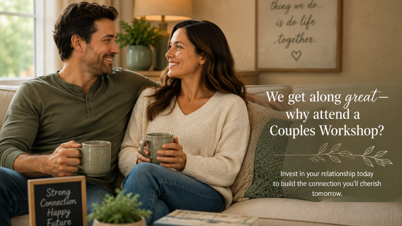 Happy couple relaxing together at home with the words “We Get Along Great—Why Attend a Couples Workshop?” representing relationship enrichment for strong couples.
