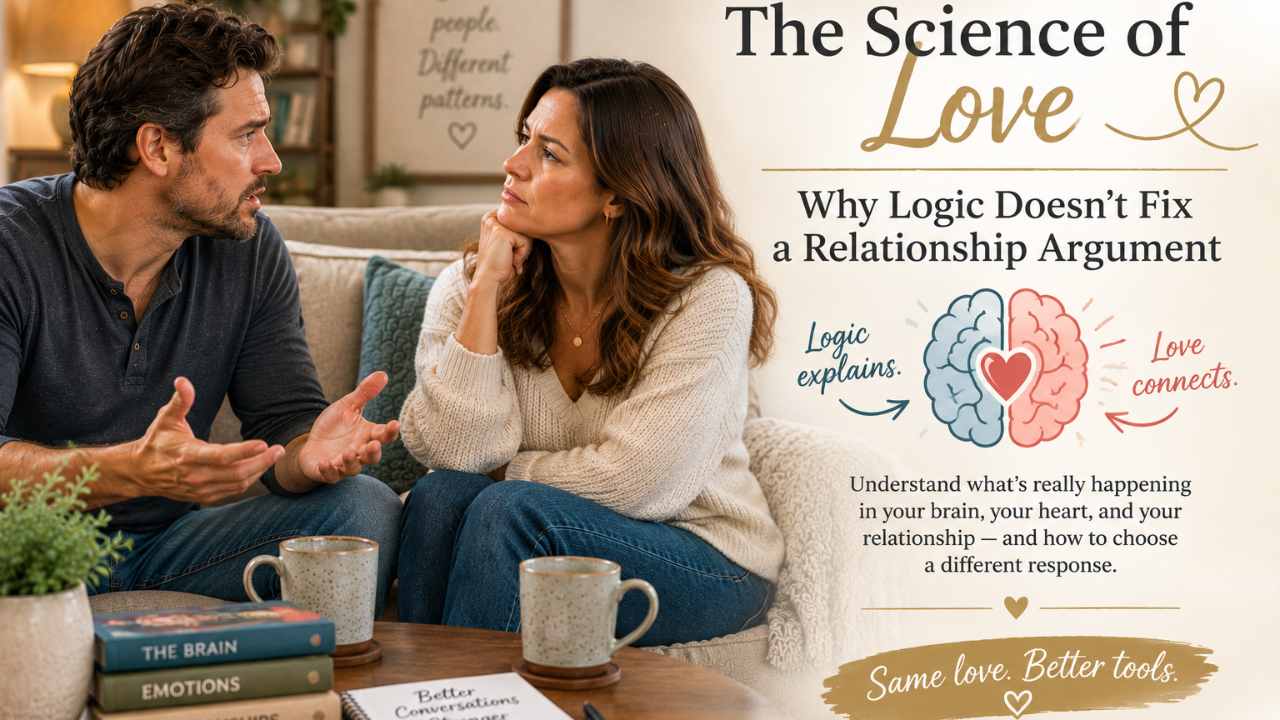 Couple illustrating the science of love and why logic alone may not resolve relationship arguments, emotional disconnection, or recurring conflict.