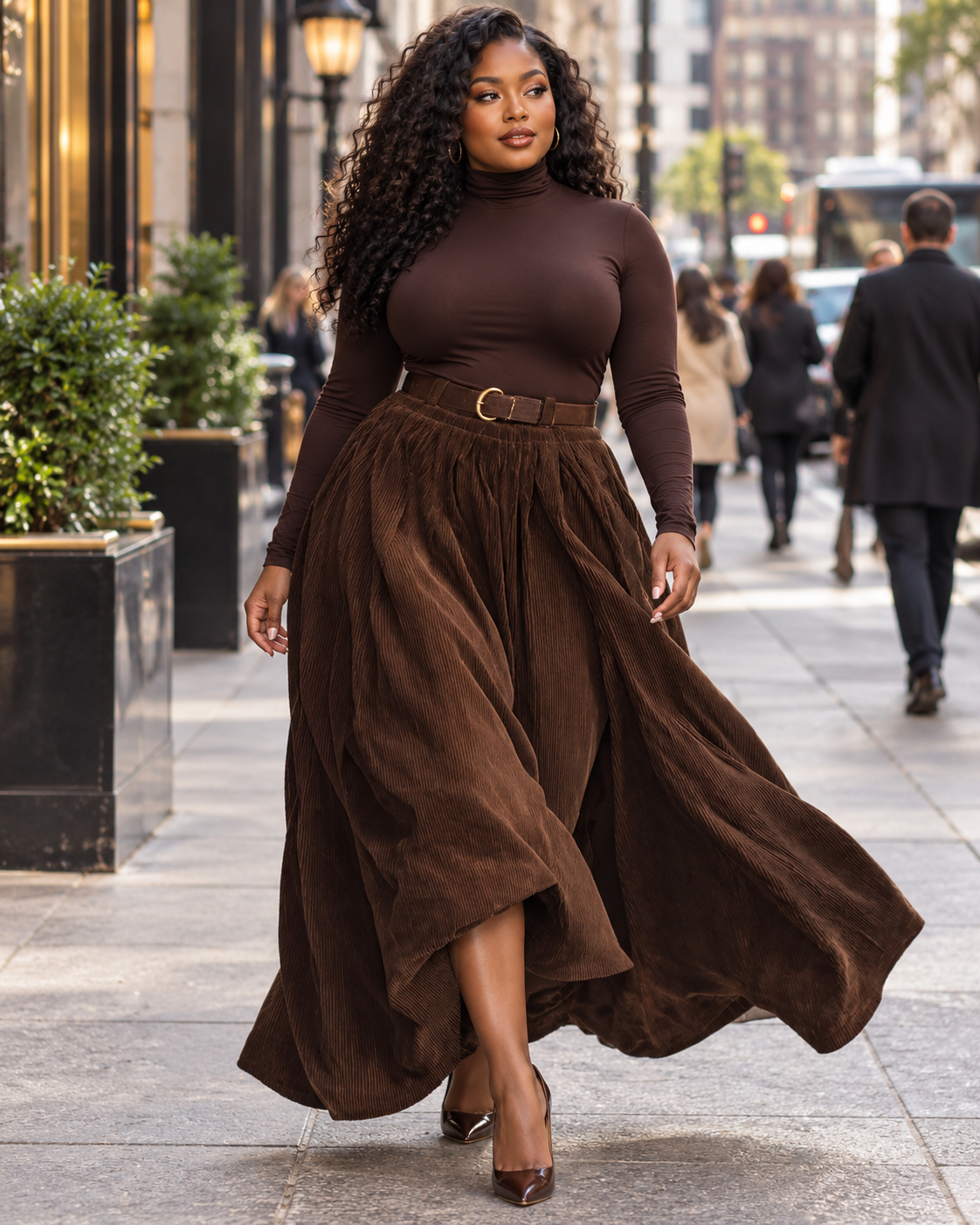 Woman in a brown turtleneck and flowing brown maxi skirt from Dynamic Purpose Boutique