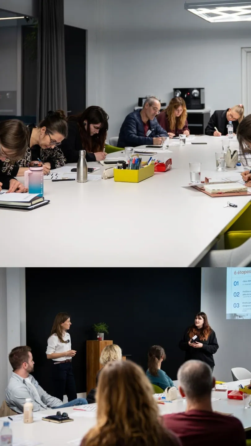 Quelques personnes entrain d'écrire sur une feuille lors d'un atelier connexions créatives