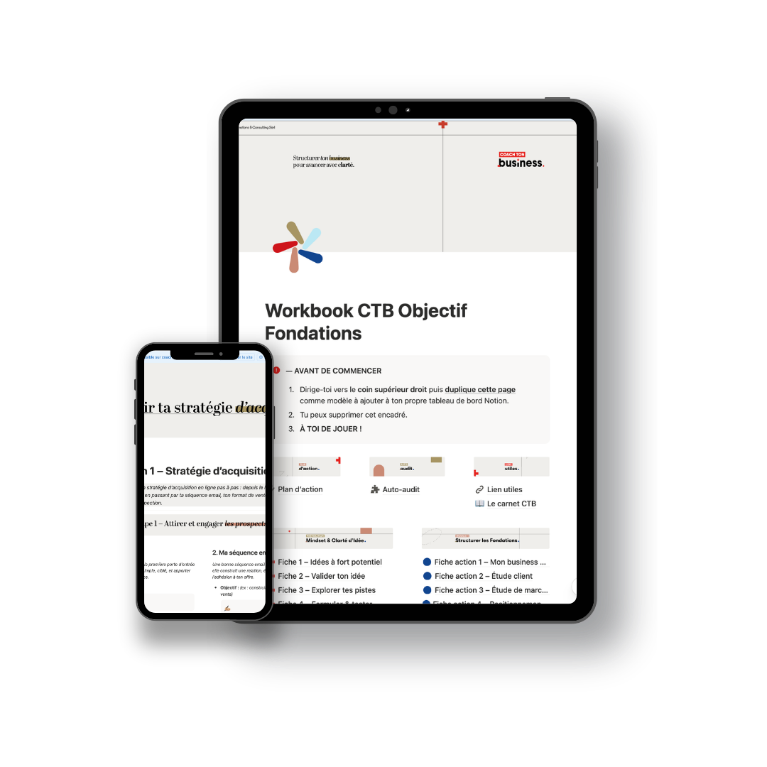 Le workbook Notion Objectif Fondations, sur tablette et téléphone