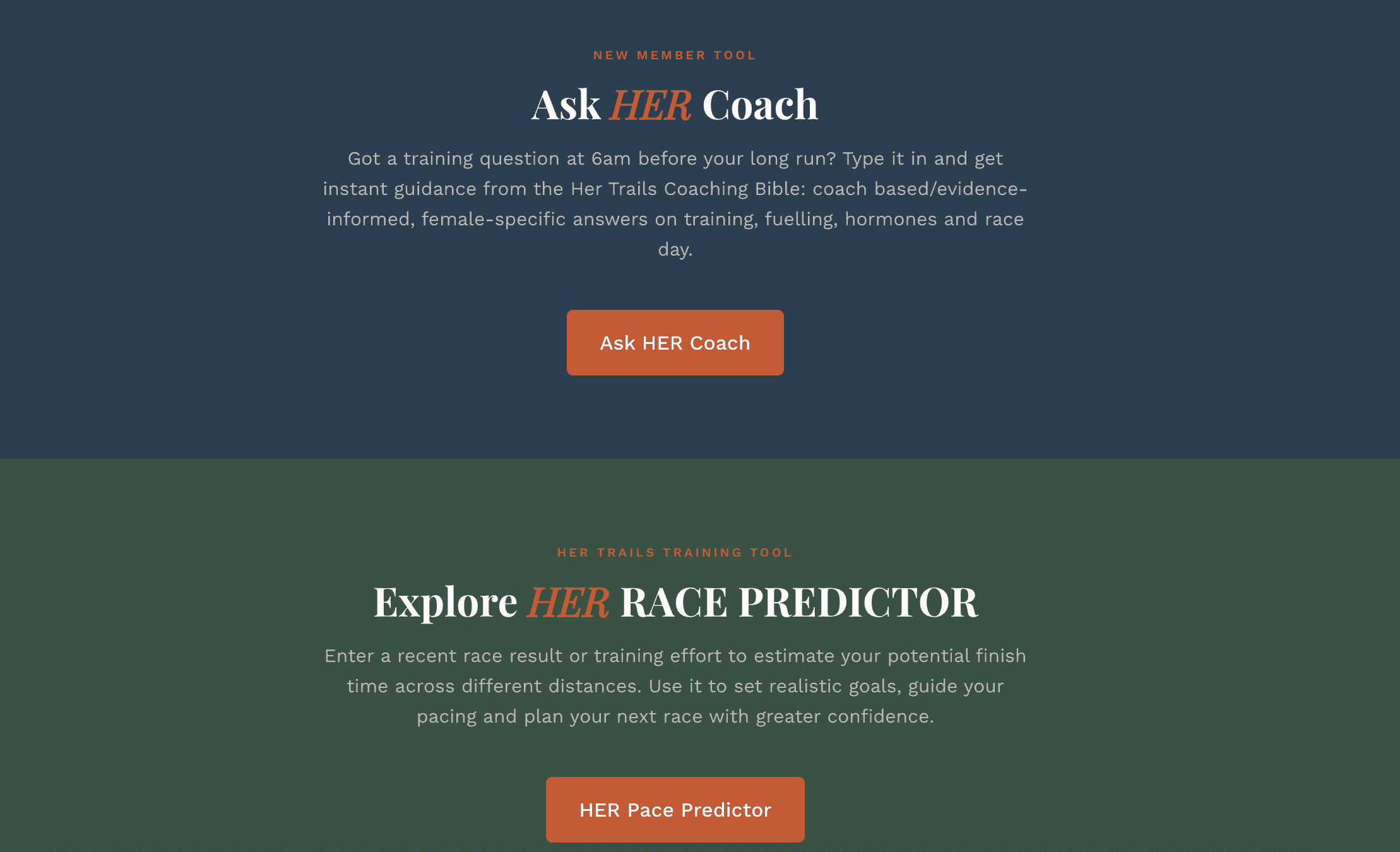 Ask HER Coach tool inside the Her Trails member platform