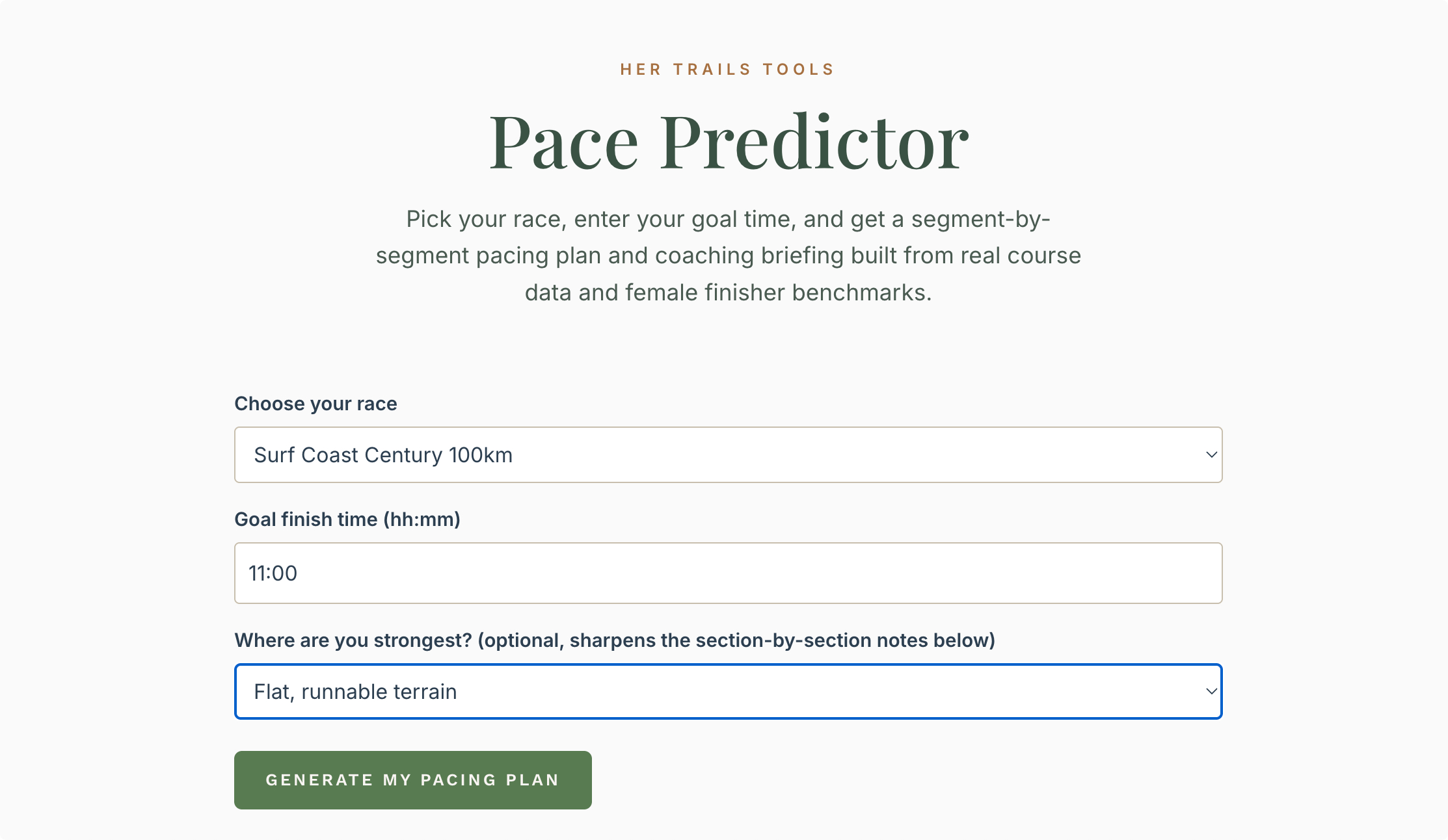Her Trails Pace Predictor tool
