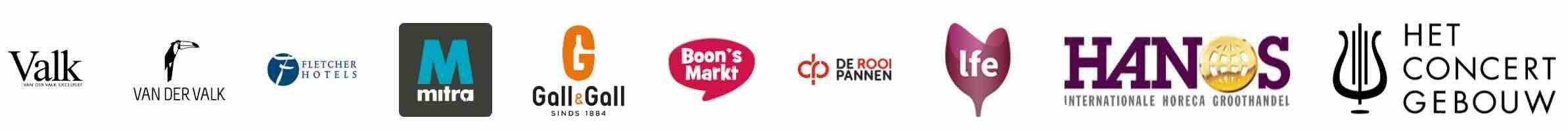 Logo's van klanten: Van der Valk Exclusief, Van der Valk, Fletcher Hotels, Mitra, Boon's Markt, Gall & Gall, HANOS, De Rooi Pannen, lfe en Het Concertgebouw