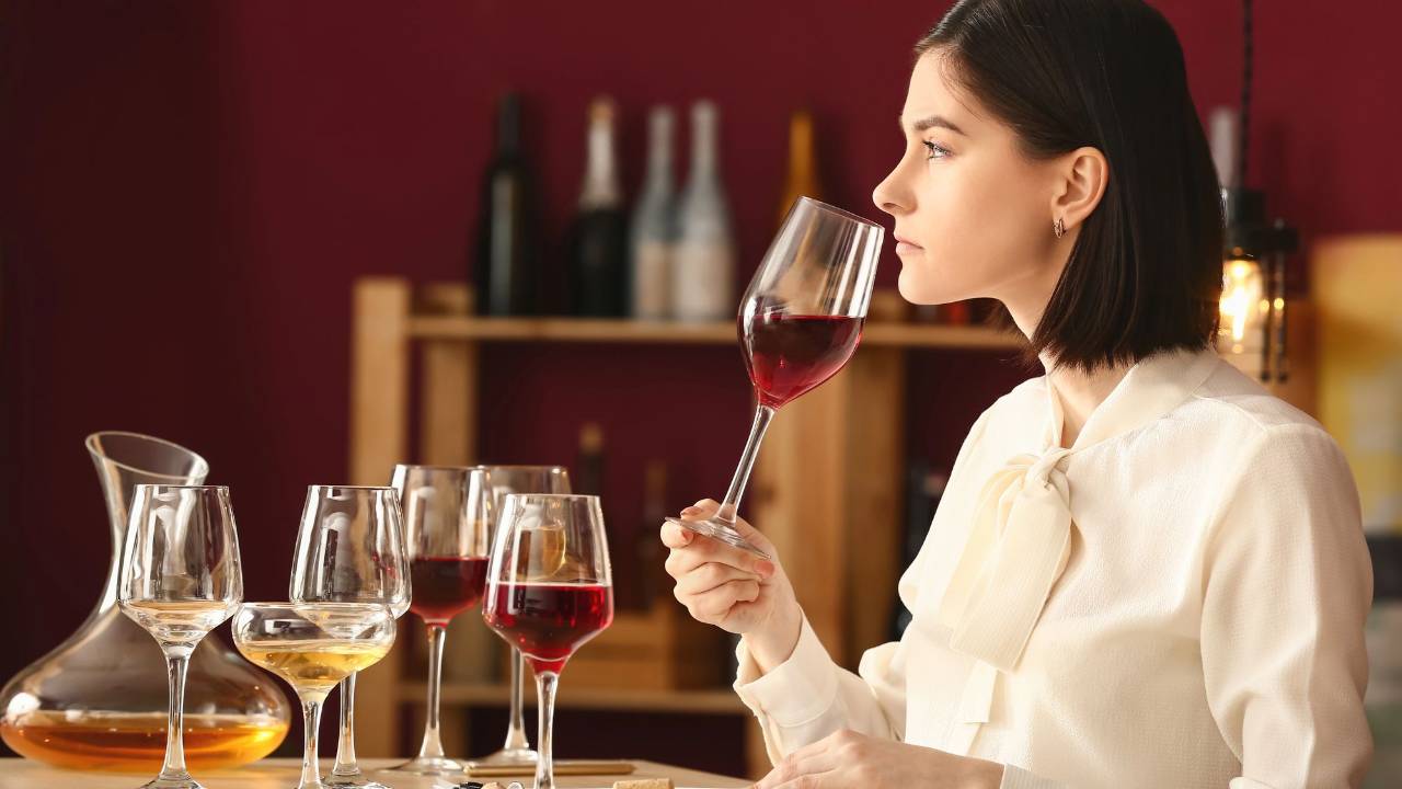 Vrouw ruikt aan een glas rode wijn, met een rij proefglazen op tafel: zo begin je met wijn leren