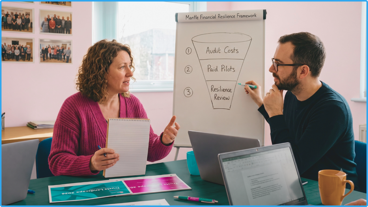 Two individuals discussing the Mantle resilience framework for their community organisation