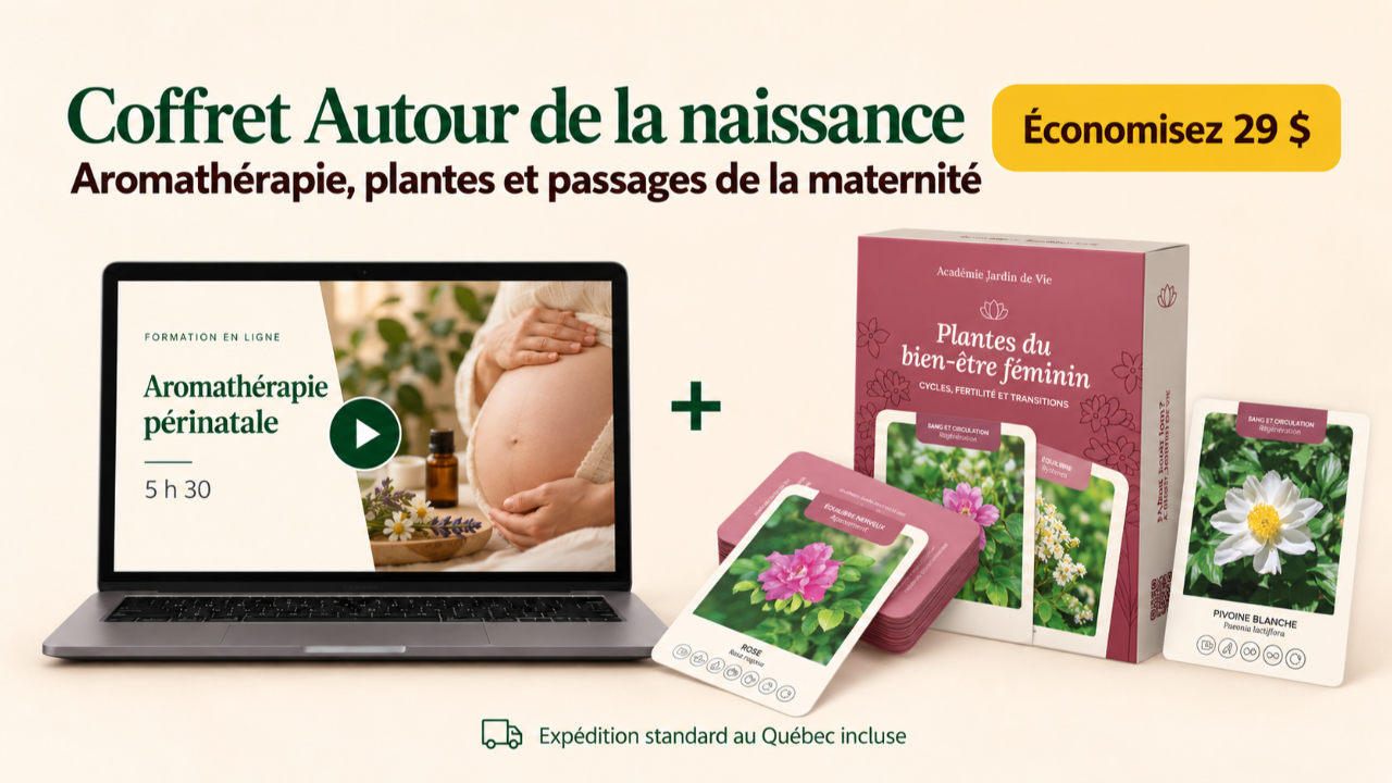Coffret Autour de la naissance comprenant la formation Aromathérapie périnatale, un jeu de cartes et un ebook.