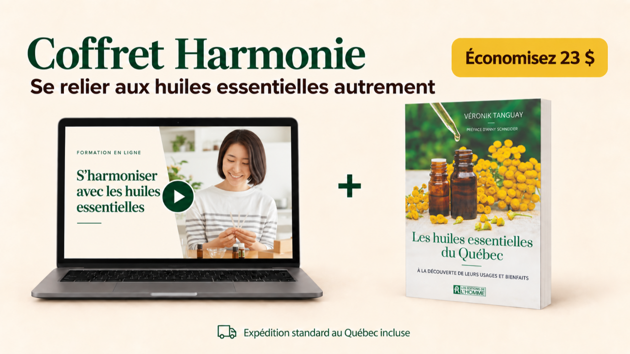 Coffret Harmonie comprenant une formation en ligne sur les huiles essentielles et le livre Les huiles essentielles du Québec.
