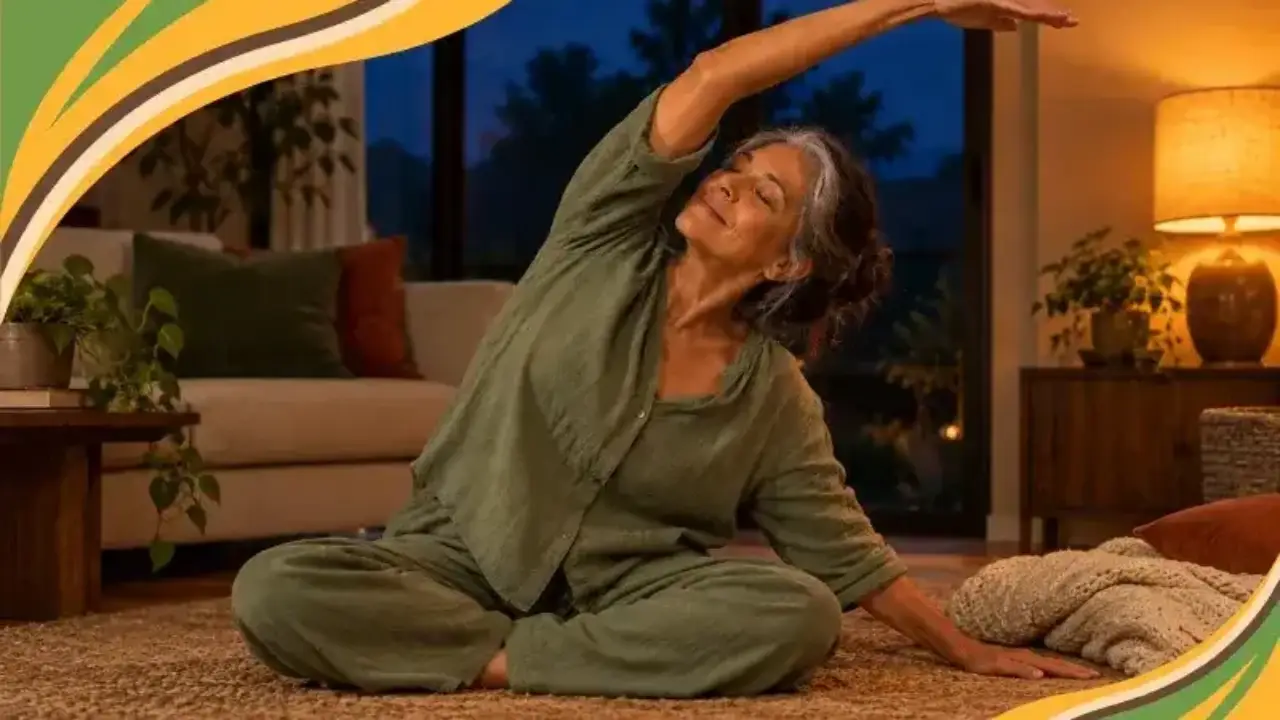 A woman in her 60s stretches gently on a rug in a lamplit living room at dusk, eyes closed and calm. Her unhurried evening wind-down shows how simple habits help build restful sleep for women over 60 who wake up tired even after a full night in bed.