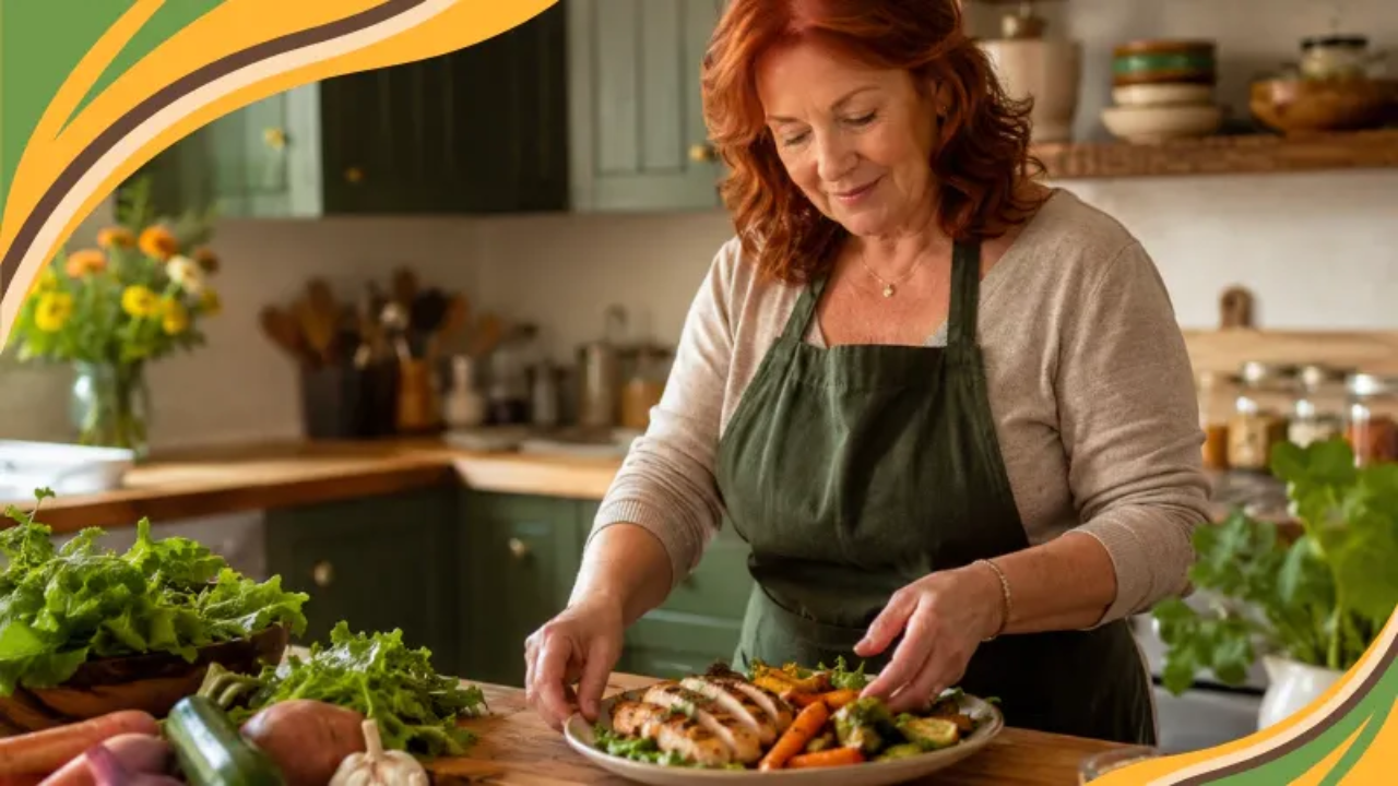 A woman in her early 60s prepares a balanced, protein-rich meal in a warm, sunlit kitchen. Her plate includes grilled chicken, leafy greens, and roasted vegetables. This image supports a blog post about daily protein needs for women over 50 and building nourishing, real-food habits.