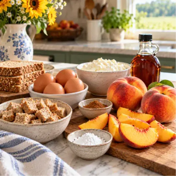 A sunlit farmhouse kitchen counter displays juicy sliced peaches, eggs, ricotta, cinnamon, maple syrup, icing sugar, and small cubes of whole grain bread for peach French toast casserole.