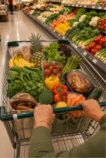 A close-up of hands pushing a grocery cart filled with colorful produce and a rotisserie chicken down a bright aisle. The image captures the intentional grocery shopping habits that quietly shape a woman's week and support real, lasting weight loss.