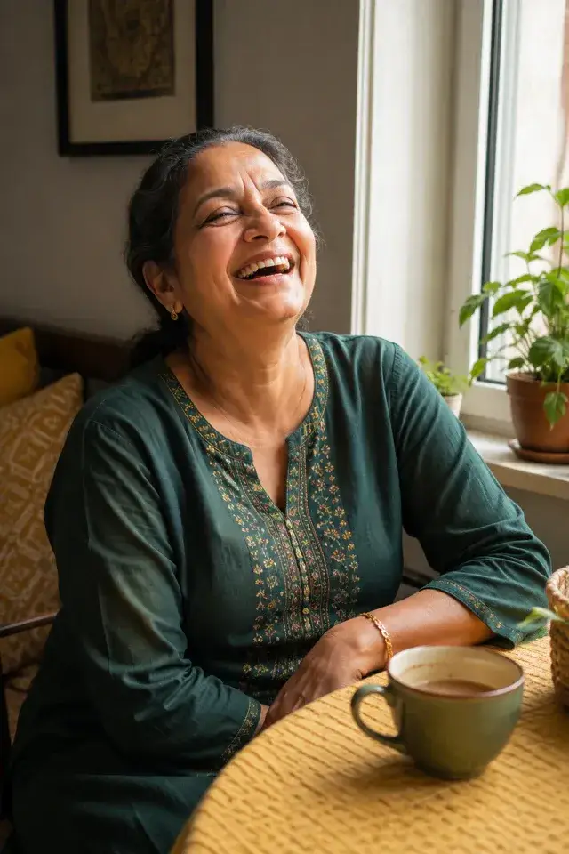 A woman in her early 60s laughs candidly at a sunlit table with a cup of tea, embodying the lightness that comes from trading weight loss excuses for honest, sustainable choices made on purpose