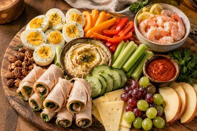 A beautifully arranged spread of real, protein-rich snacks including eggs, turkey roll-ups, hummus, and shrimp cocktail, showing smart alternatives to the ultra-processed foods that fuel alcohol and food cravings. These are the kinds of nourishing choices that help women over 50 stay on track.