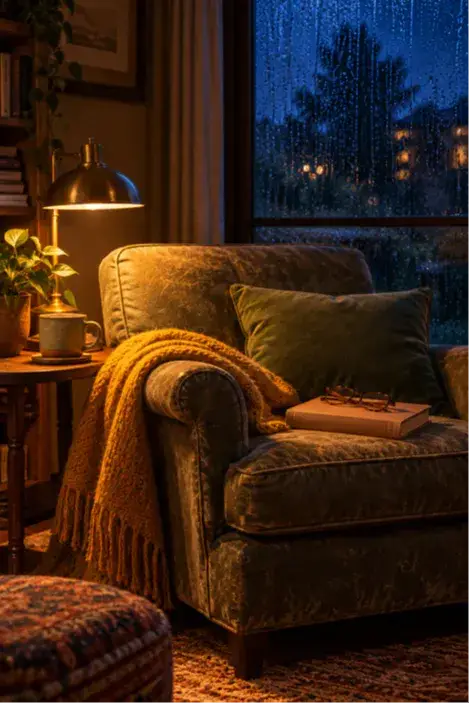 A cozy armchair with a wool throw, paperback, and reading glasses glows in lamplight on a rainy night. A calm reading corner like this makes an easy wind-down routine, one of Coach Deb's six simple habits for more restful sleep after 60.