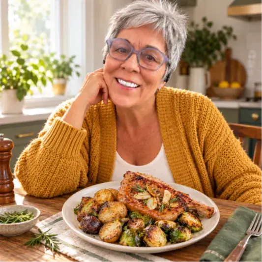 Coach Deb and a plate of rosemary pork chops