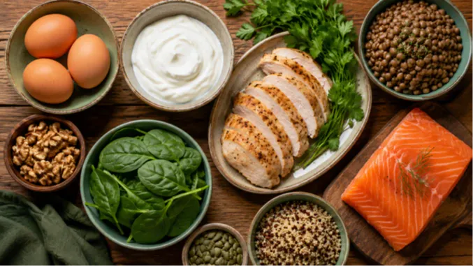 A flat-lay arrangement of real food protein sources including eggs, Greek yogurt, chicken, lentils, walnuts, and salmon on a warm wooden surface. This image illustrates the best whole-food sources of protein for women over 50 and supports healthy eating habits.
