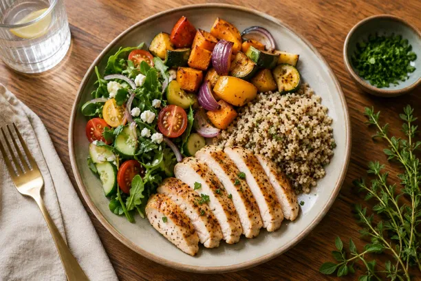 A beautifully balanced plate of lean protein, roasted vegetables, whole grains, and a fresh side salad sits on a warm wood table in soft natural light. The colorful, nourishing meal represents the real-food approach to sustainable weight loss at Get Real Weight Loss. Simple, satisfying, and built for real life.