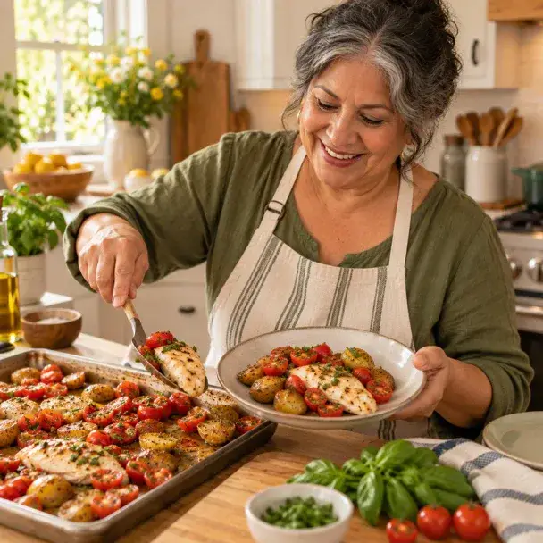Smiling woman serves sheet-pan bruschetta chicken with roasted potatoes and cherry tomatoes in a bright kitchen.