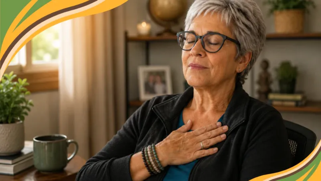 Older woman with short gray hair and glasses sitting indoors with her hand over her chest, eyes closed in a calm mindfulness or breathing exercise. A coffee mug and houseplants sit nearby in the warm, cozy room.