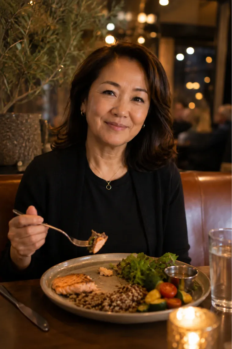 An East Asian woman in her mid-50s sits at a restaurant table with a balanced, nourishing plate of real food in front of her, looking confident and at ease. The scene reflects the core message of sustainable weight loss: real habits that work in the real world. A natural, empowering moment from the Get Real Weight Loss approach for women over 50.