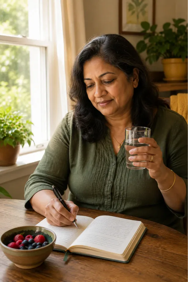 A dark-haired woman in her late 50s sits beside a bright window, writing in an open journal while holding a glass of water. She wears an earthy green top and looks calm and thoughtful, with a small bowl of berries nearby. The image reflects gentle self-care, hydration, and mindful habits for sustainable weight loss.