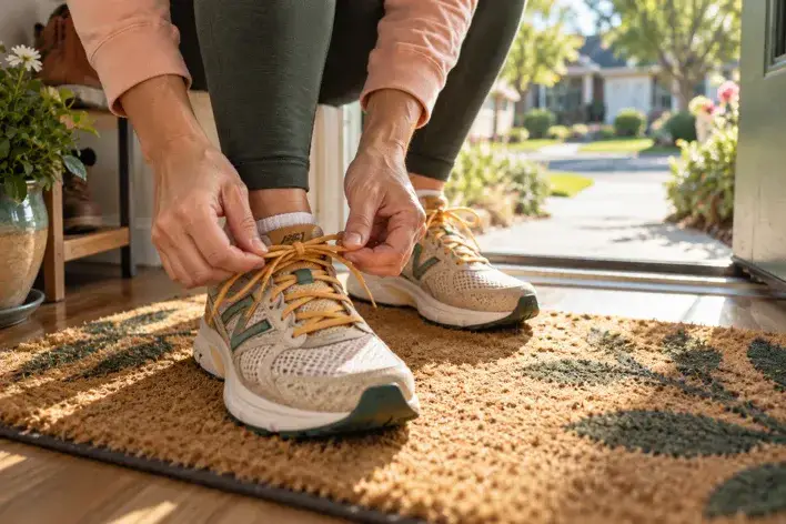 A pair of walking shoes gets laced up at the front door in morning light, representing the next-choice mindset: you don't need a perfect plan, just your next small step forward.