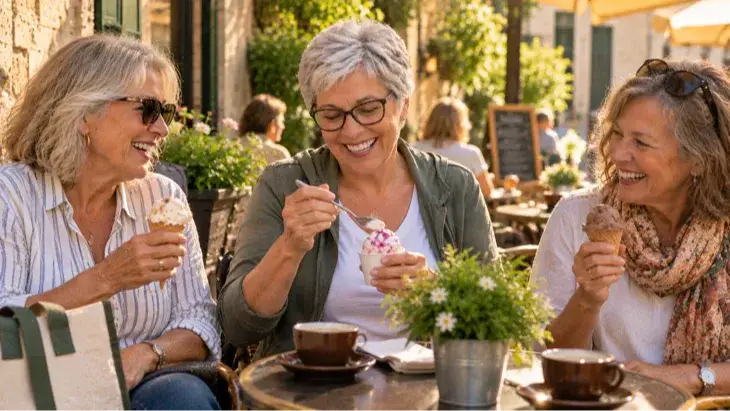 Women share ice cream and laughter at a sunny outdoor table after a long day of walking. Pausing to enjoy good company is part of real movement, rest, and joy.
