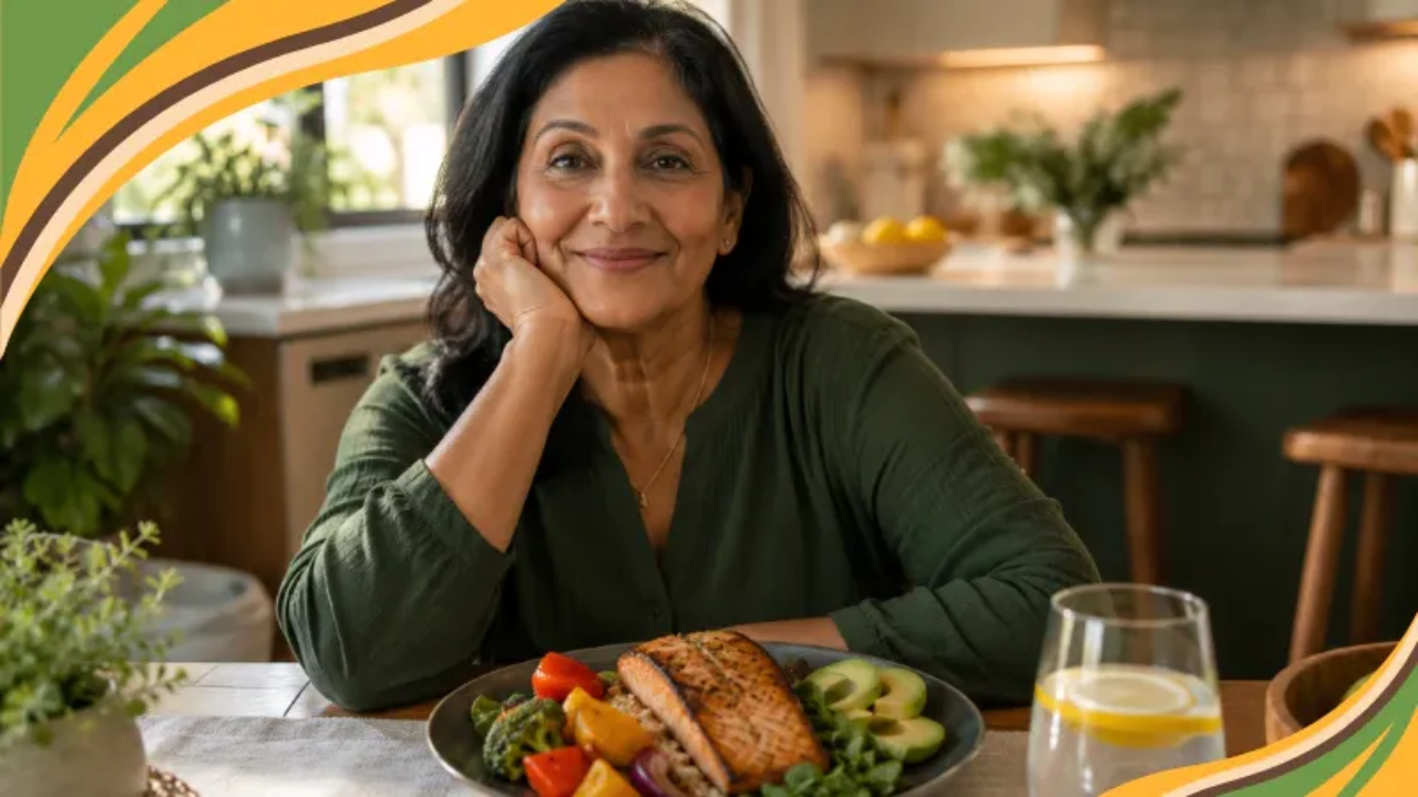 A South Asian woman in her late 50s sits at a sunlit kitchen table with a nourishing meal of salmon, roasted vegetables, and avocado. She looks calm and at ease, embodying the connection between real food and reducing inflammation and weight loss struggles. Warm, natural tones throughout.