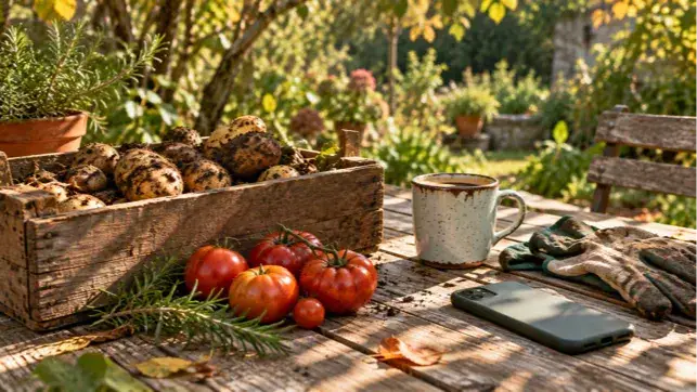 A phone lies face-down on a garden table beside fresh potatoes, tomatoes, gardening gloves, and a mug of coffee. Setting down the scroll and choosing real food helps ease the worry about foods that spike cortisol, so you can focus on what actually supports your body.