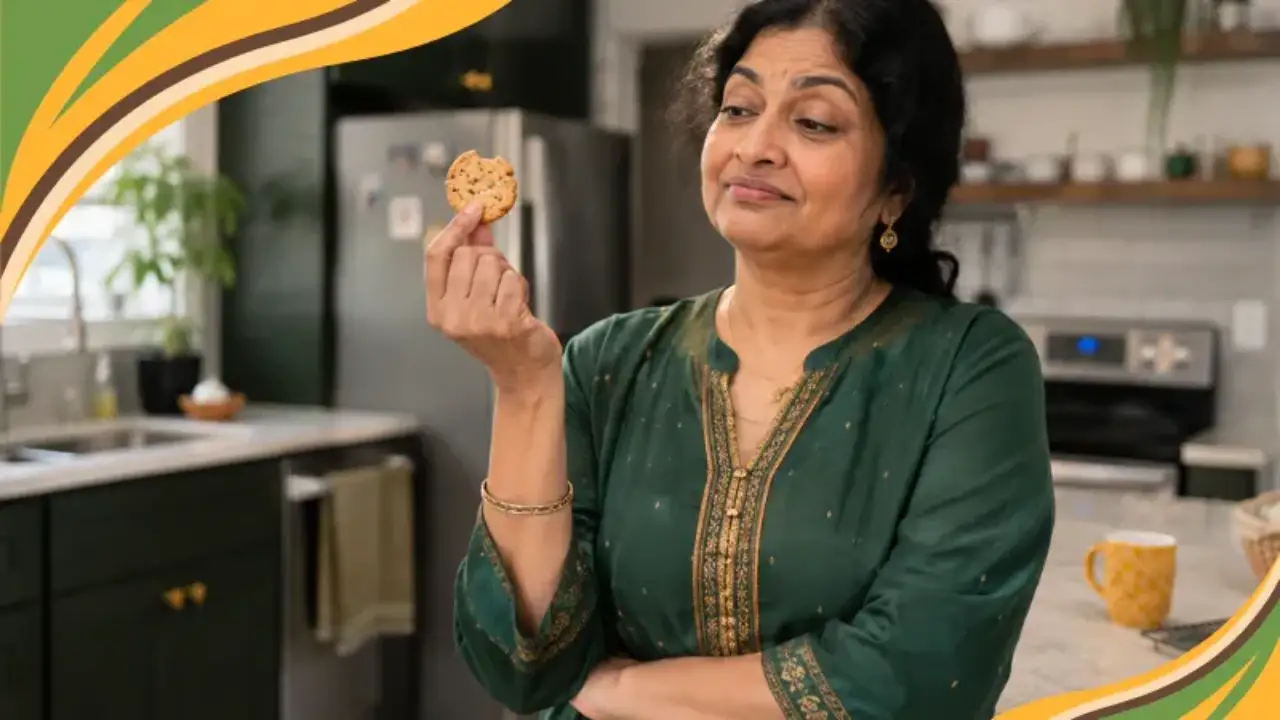 A woman in her early 60s holds a single cookie at eye level, giving it a deadpan, knowing look, catching herself mid-excuse. The moment captures the pause between a weight loss excuse and an honest, intentional choice.