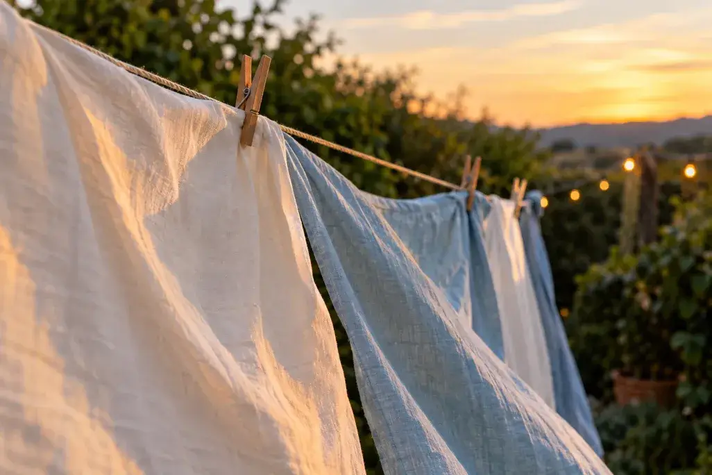 Freshly washed linen sheets sway on a backyard clothesline at twilight, glowing in soft golden light. A comfortable, inviting bedroom is one of the simplest ways to support restful sleep, and it starts with small, easy touches like clean, breezy bedding.