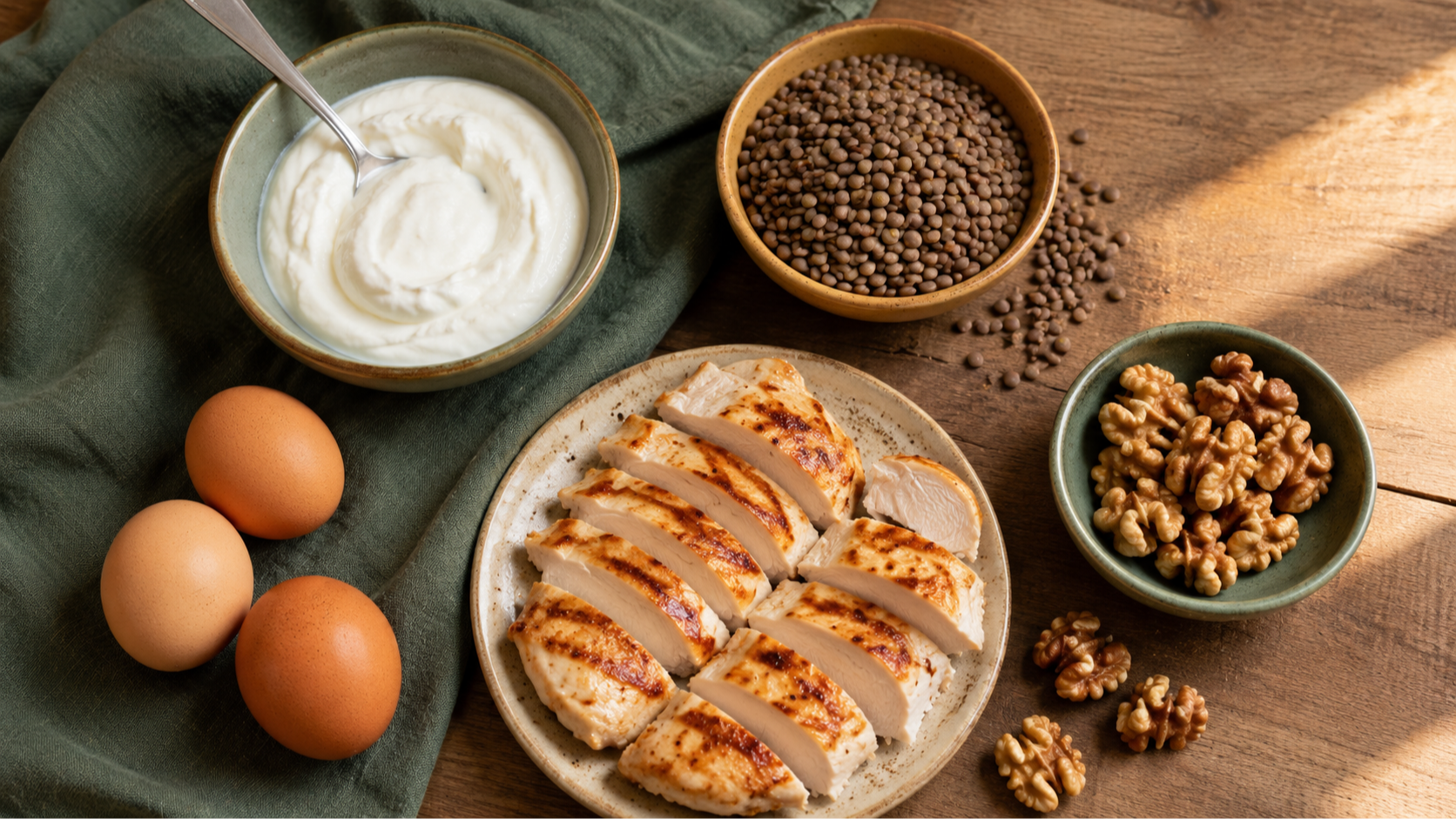 An overhead flat lay of real protein foods on a warm wooden surface: eggs, Greek yogurt, grilled chicken, lentils, and walnuts, with no protein powder in sight. These simple, real foods are proof that beating protein obsession does not require shakes or supplements.