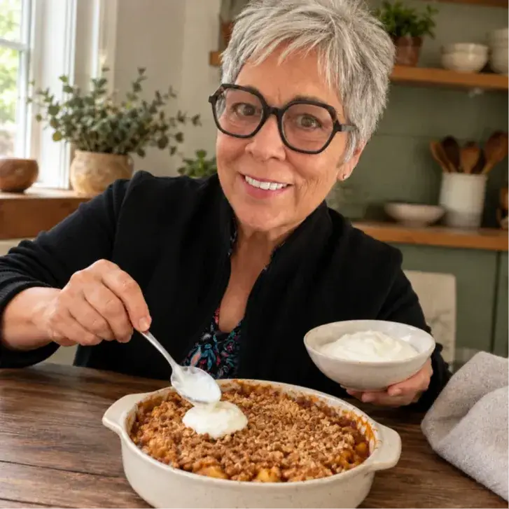 coach deb spooning yogurt on top of freshly baked apple crumble
