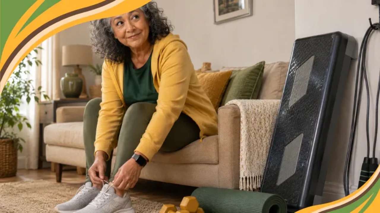A woman in her early 60s sits on the edge of her couch in a bright, welcoming living room, smiling with quiet confidence as she laces up her walking shoes. A yoga mat and small hand weights rest nearby, while a dusty step platform and jump rope hang on a wall hook, adding a lighthearted reminder that movement evolves with us. The scene reflects a realistic, sustainable approach to staying active with simple habits that fit real life.
