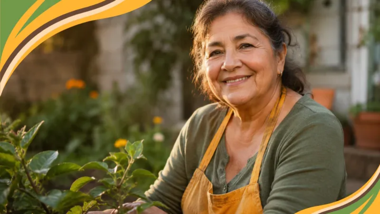 A woman in her early 60s working in her garden in warm, golden light, relaxed and smiling. The image reflects the idea of a sustainable weight loss lifestyle: a calm, real-life way of living that supports the body without chasing trends or quick fixes.