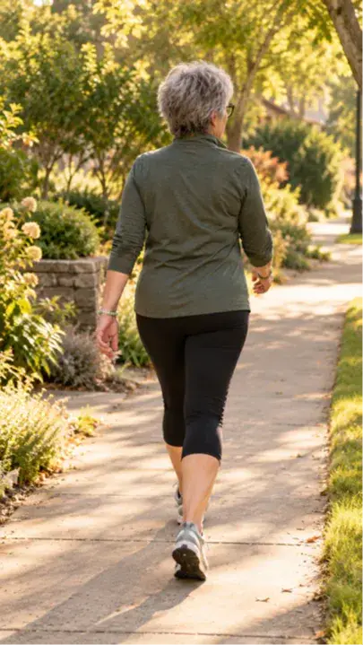     Older woman with short gray hair walking along a tree-lined neighborhood sidewalk in warm afternoon sunlight.